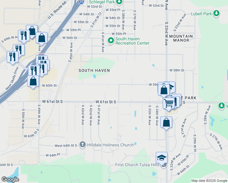 map of restaurants, bars, coffee shops, grocery stores, and more near 3926 West 59th Street in Tulsa