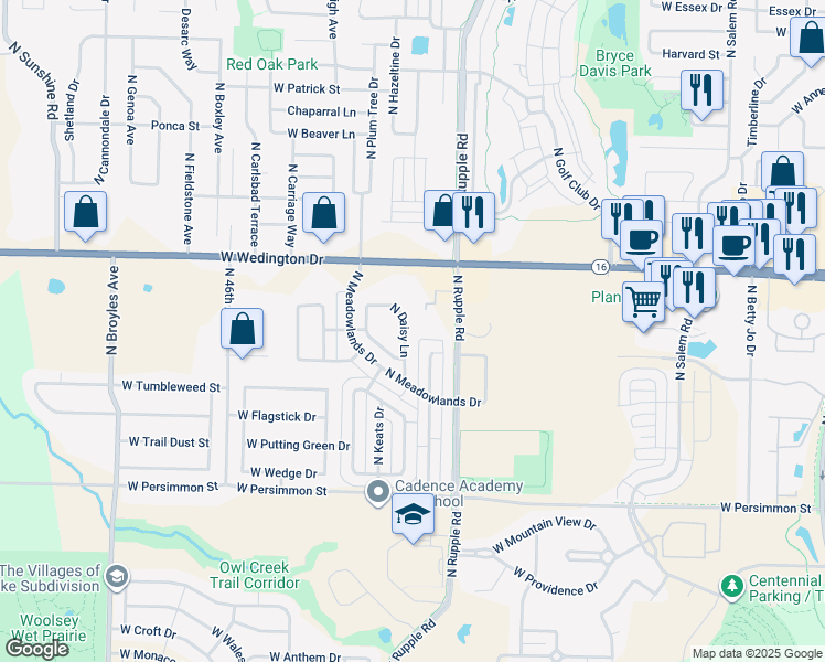 map of restaurants, bars, coffee shops, grocery stores, and more near 822 North Daisy Lane in Fayetteville