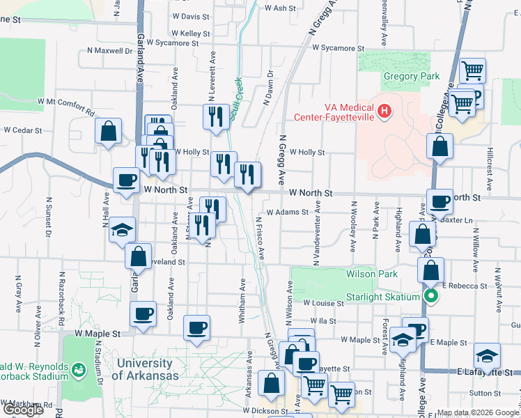 map of restaurants, bars, coffee shops, grocery stores, and more near 626 West Adams Street in Fayetteville