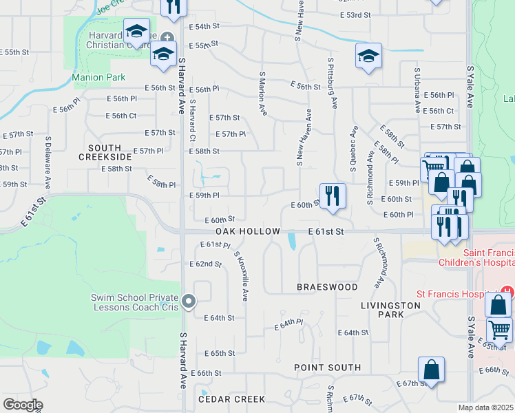 map of restaurants, bars, coffee shops, grocery stores, and more near 3728 E 59th Pl in Tulsa