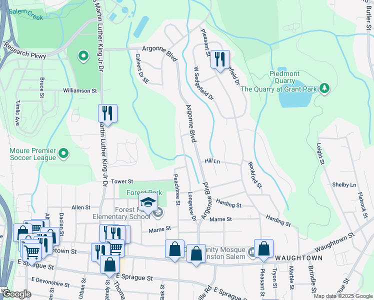 map of restaurants, bars, coffee shops, grocery stores, and more near 1539 Longview Drive in Winston-Salem