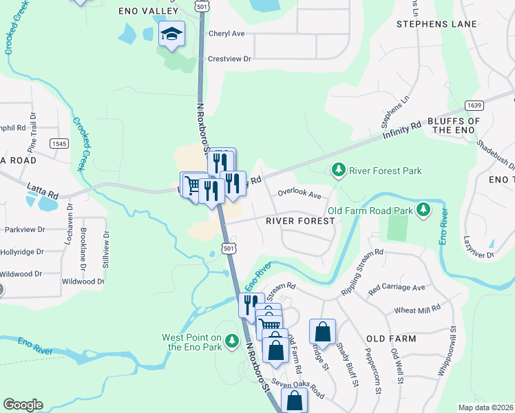 map of restaurants, bars, coffee shops, grocery stores, and more near 4906 South Singing Woods Place in Durham