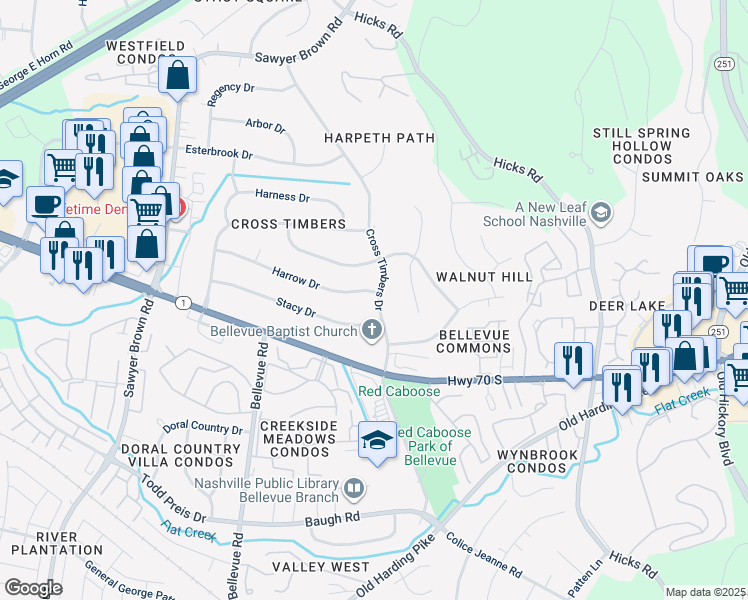 map of restaurants, bars, coffee shops, grocery stores, and more near 133a Cross Timbers Drive in Nashville