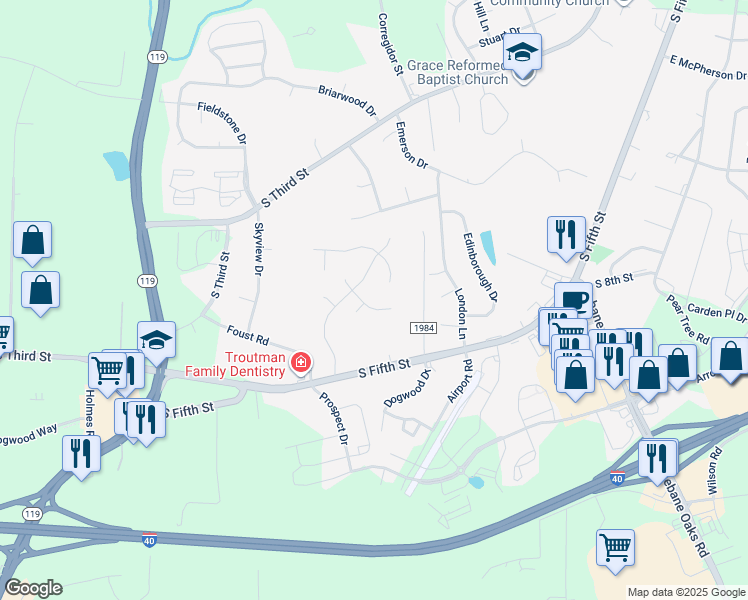 map of restaurants, bars, coffee shops, grocery stores, and more near 1118 Cedar Ridge Drive in Mebane