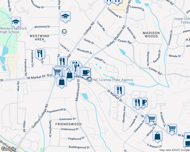 map of restaurants, bars, coffee shops, grocery stores, and more near 5616 West Market Street in Greensboro