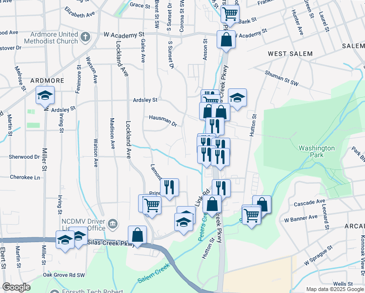 map of restaurants, bars, coffee shops, grocery stores, and more near 1042 South Sunset Drive in Winston-Salem
