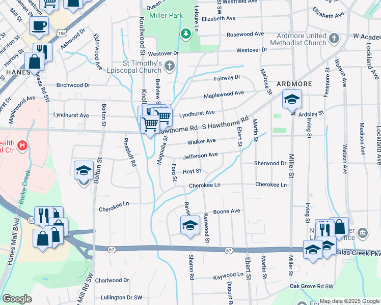 map of restaurants, bars, coffee shops, grocery stores, and more near 2401 Jefferson Avenue in Winston-Salem