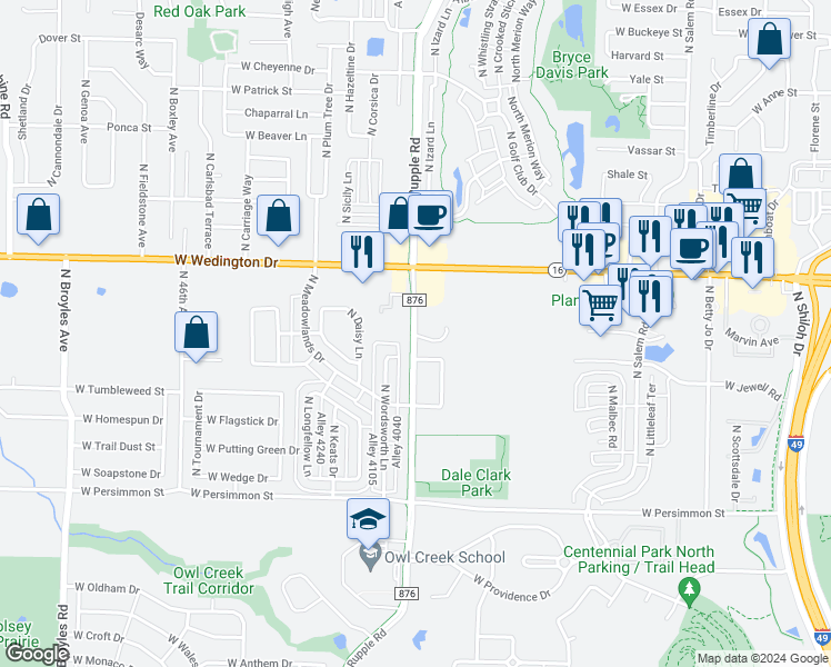 map of restaurants, bars, coffee shops, grocery stores, and more near 835 North Rupple Road in Fayetteville