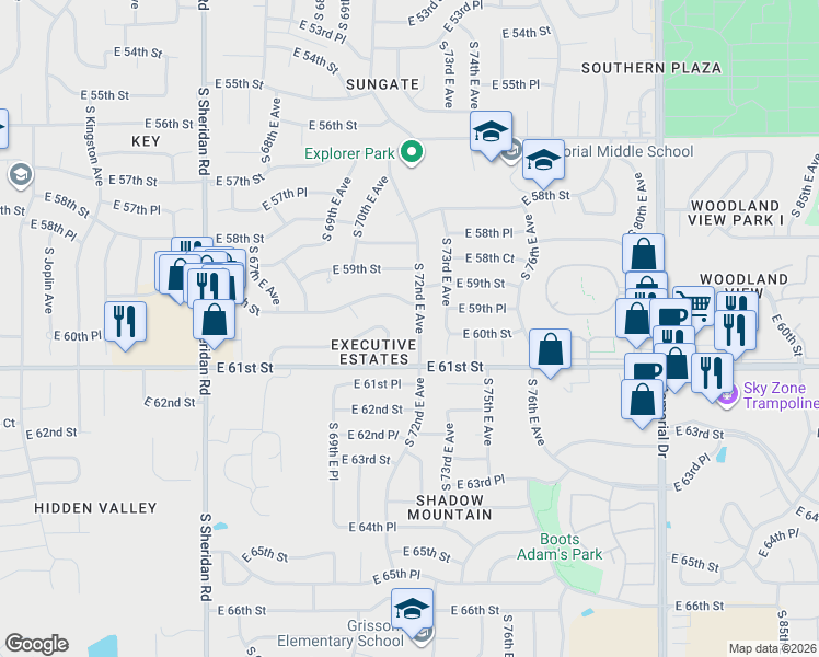 map of restaurants, bars, coffee shops, grocery stores, and more near 6022 South 72nd East Avenue in Tulsa