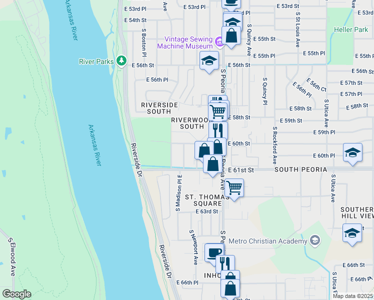 map of restaurants, bars, coffee shops, grocery stores, and more near 6021 South Madison Place in Tulsa