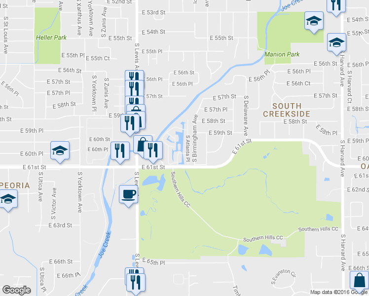 map of restaurants, bars, coffee shops, grocery stores, and more near 5920 South Atlanta Place in Tulsa