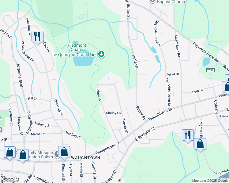 map of restaurants, bars, coffee shops, grocery stores, and more near 1828 Flatrock Street in Winston-Salem