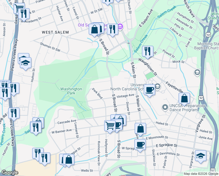 map of restaurants, bars, coffee shops, grocery stores, and more near 203 Shawnee Street in Winston-Salem