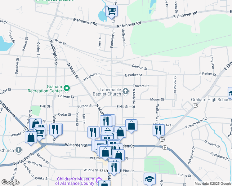 map of restaurants, bars, coffee shops, grocery stores, and more near 106 Allen Street in Graham