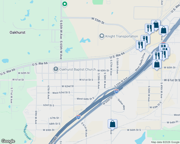 map of restaurants, bars, coffee shops, grocery stores, and more near 6002 West 60th Street in Tulsa