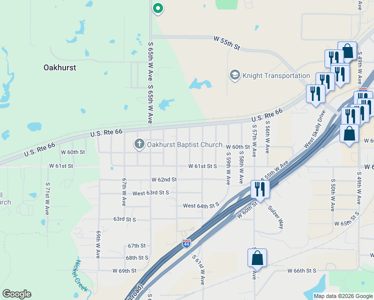 map of restaurants, bars, coffee shops, grocery stores, and more near 6001 South 63rd West Avenue in Tulsa