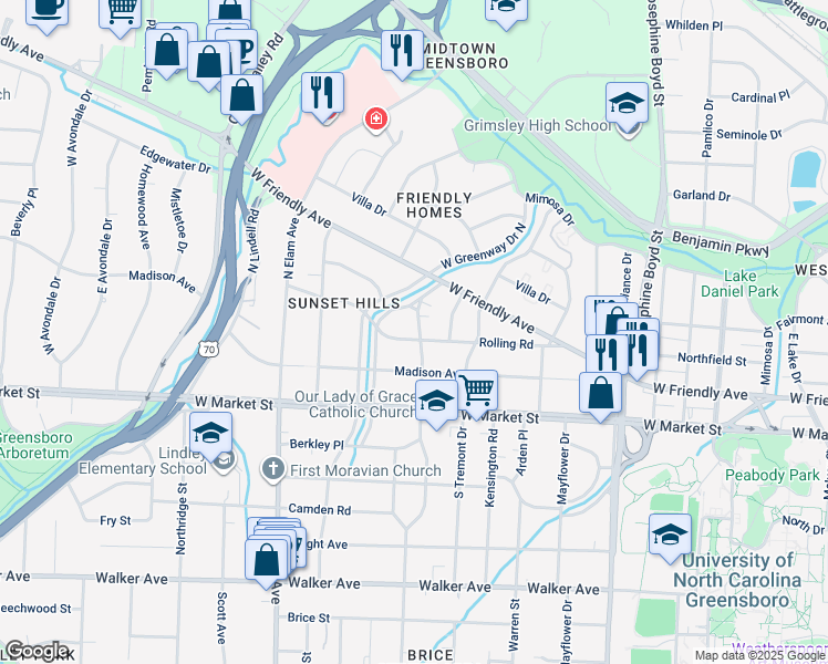 map of restaurants, bars, coffee shops, grocery stores, and more near 2100 Rolling Road in Greensboro
