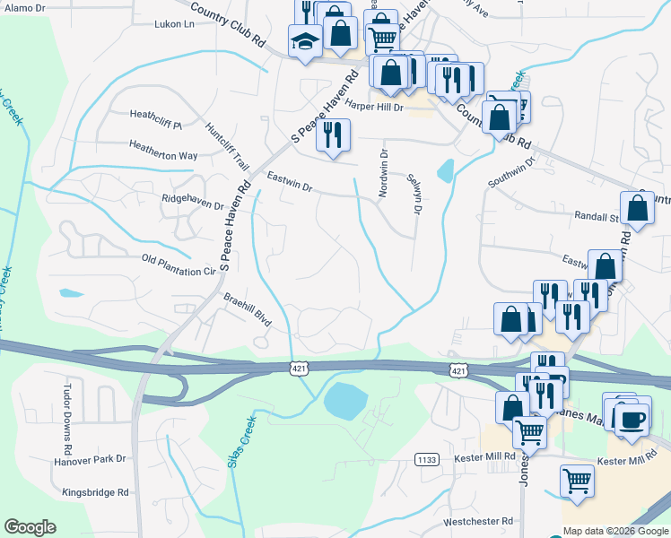 map of restaurants, bars, coffee shops, grocery stores, and more near 509 Westwin Drive in Winston-Salem