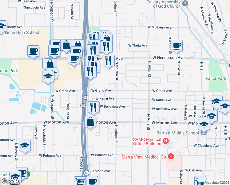 map of restaurants, bars, coffee shops, grocery stores, and more near 815 West Grand Avenue in Porterville