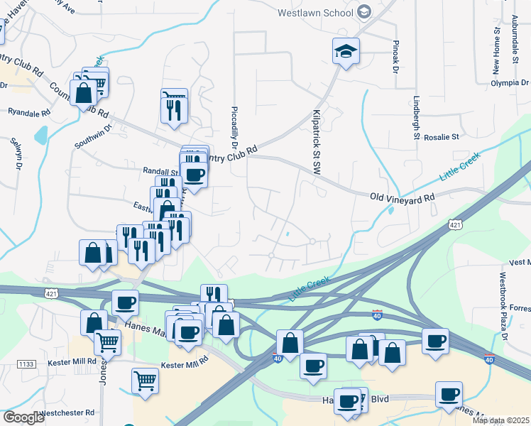 map of restaurants, bars, coffee shops, grocery stores, and more near 160 Dalewood Drive in Winston-Salem