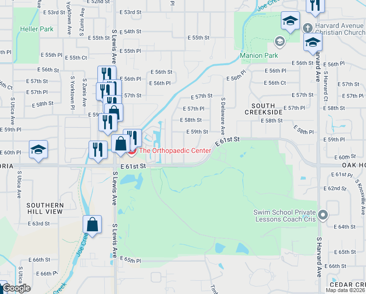 map of restaurants, bars, coffee shops, grocery stores, and more near 5934 East 87th Street in Tulsa