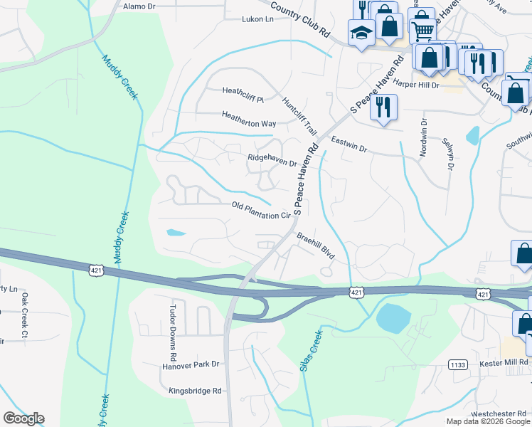 map of restaurants, bars, coffee shops, grocery stores, and more near 5129 Old Plantation Circle in Winston-Salem