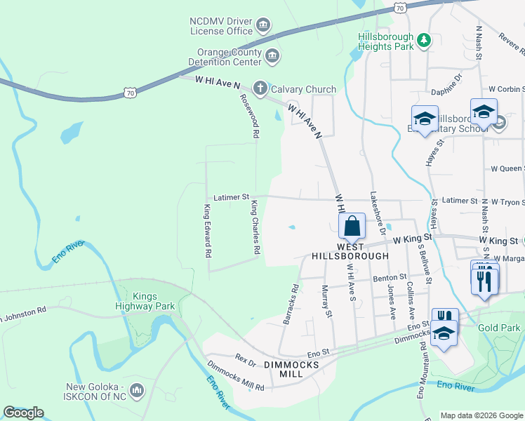 map of restaurants, bars, coffee shops, grocery stores, and more near 130 King Charles Road in Hillsborough