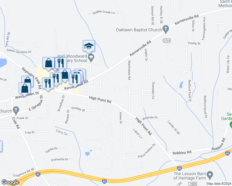 map of restaurants, bars, coffee shops, grocery stores, and more near 235 Madi Court in Winston-Salem