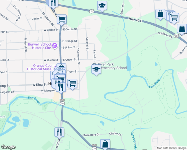 map of restaurants, bars, coffee shops, grocery stores, and more near 240 Saint Marys Road in Hillsborough