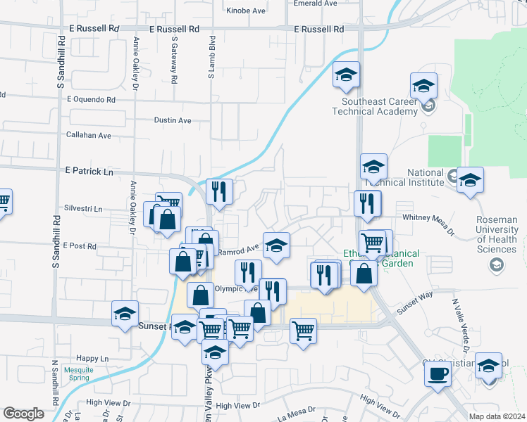 map of restaurants, bars, coffee shops, grocery stores, and more near 2120 Ramrod Avenue in Henderson