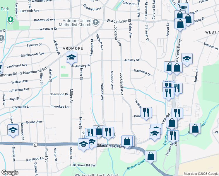 map of restaurants, bars, coffee shops, grocery stores, and more near 1030 Madison Avenue in Winston-Salem