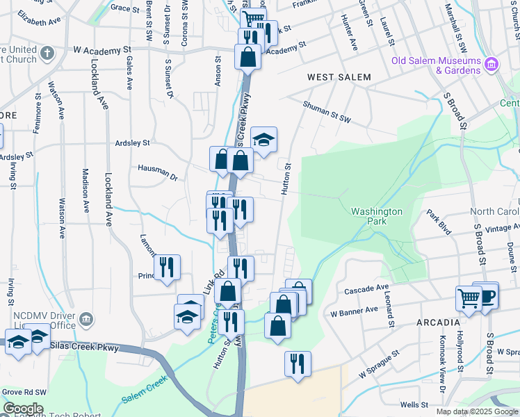 map of restaurants, bars, coffee shops, grocery stores, and more near 1219 Churton Street Southwest in Winston-Salem