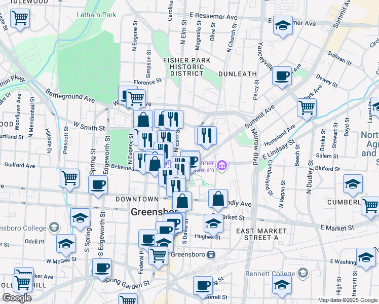map of restaurants, bars, coffee shops, grocery stores, and more near 1209 Guilford College Road in Jamestown