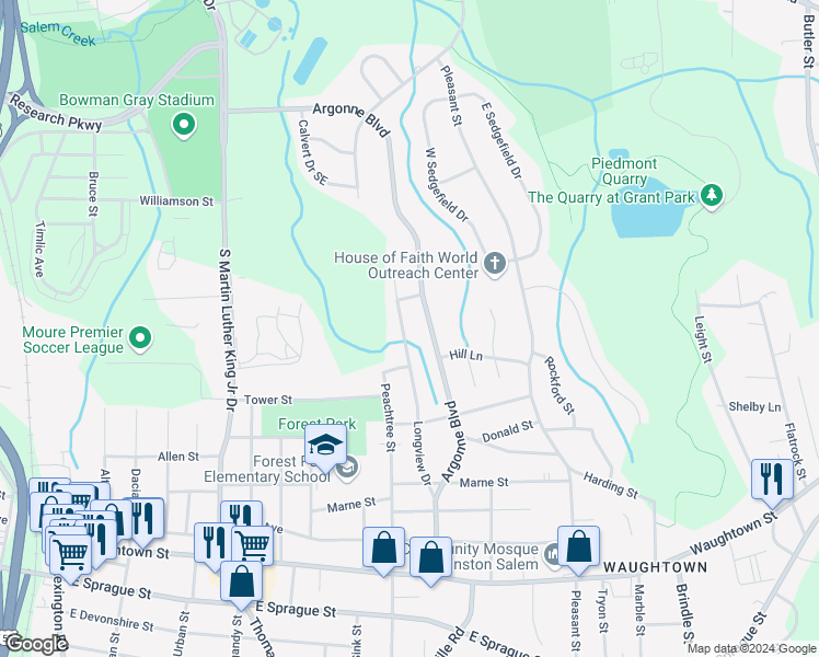 map of restaurants, bars, coffee shops, grocery stores, and more near 1539 Longview Drive in Winston-Salem
