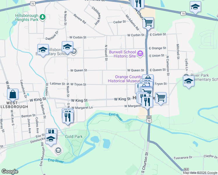 map of restaurants, bars, coffee shops, grocery stores, and more near 229 West Tryon Street in Hillsborough