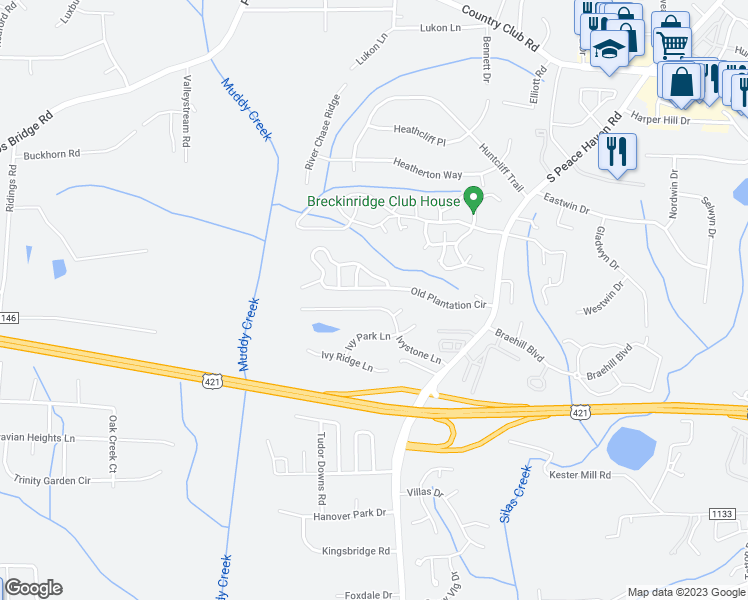 map of restaurants, bars, coffee shops, grocery stores, and more near 5225 Ivystone Lane in Winston-Salem