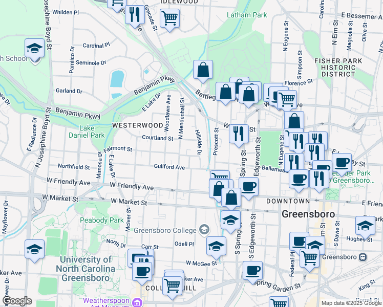 map of restaurants, bars, coffee shops, grocery stores, and more near 610 Fairmont Street in Greensboro