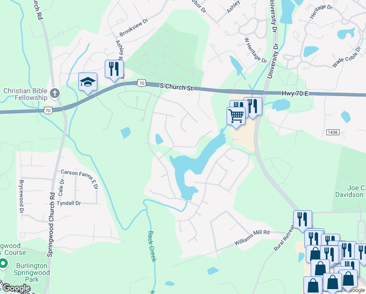map of restaurants, bars, coffee shops, grocery stores, and more near Lochshire Drive in Burlington