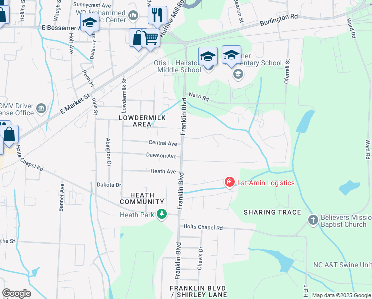 map of restaurants, bars, coffee shops, grocery stores, and more near 303 Franklin Boulevard in Greensboro