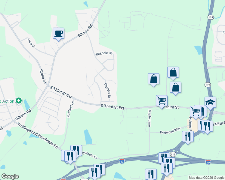 map of restaurants, bars, coffee shops, grocery stores, and more near 1105 Southwind Court in Mebane