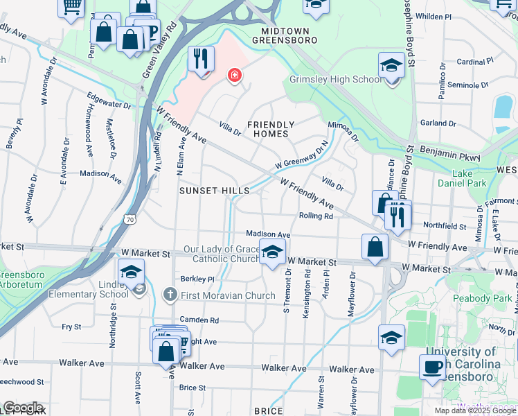 map of restaurants, bars, coffee shops, grocery stores, and more near 2100 Rolling Road in Greensboro