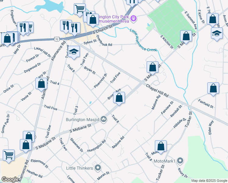 map of restaurants, bars, coffee shops, grocery stores, and more near 1801 Brown Ave in Burlington