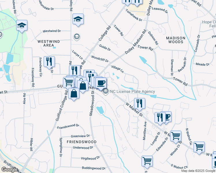 map of restaurants, bars, coffee shops, grocery stores, and more near 5616 West Market Street in Greensboro