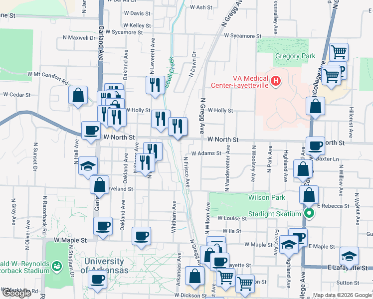 map of restaurants, bars, coffee shops, grocery stores, and more near Scull Creek Trail in Fayetteville