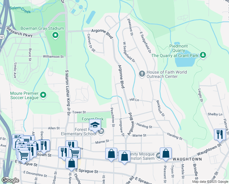 map of restaurants, bars, coffee shops, grocery stores, and more near 1532 Longview Drive in Winston-Salem