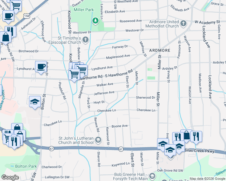 map of restaurants, bars, coffee shops, grocery stores, and more near 2363 Jefferson Avenue in Winston-Salem