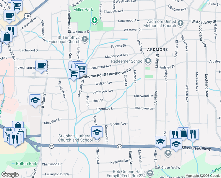 map of restaurants, bars, coffee shops, grocery stores, and more near 2363 Jefferson Avenue in Winston-Salem