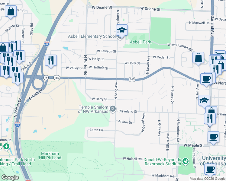map of restaurants, bars, coffee shops, grocery stores, and more near 2131 West Ora Drive in Fayetteville