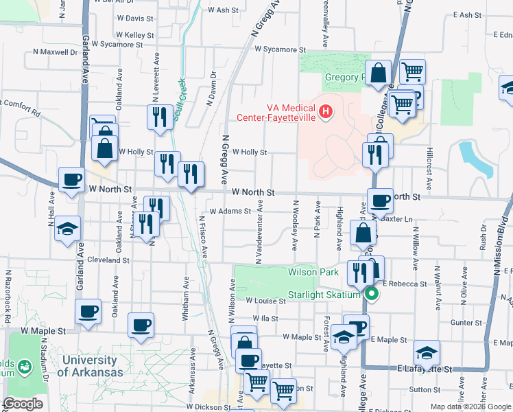 map of restaurants, bars, coffee shops, grocery stores, and more near 220 West Adams Street in Fayetteville