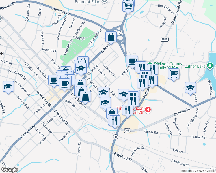 map of restaurants, bars, coffee shops, grocery stores, and more near 201 East Hunt Street in Dickson
